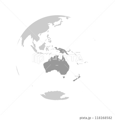 Australia continent dark blue highlighted silhouette on Earth globe. Country name labels visible. Vector illustration Australia continent dark blue highlighted silhouette on Earth globe. Country name labels visible. Vector illustration 118168582