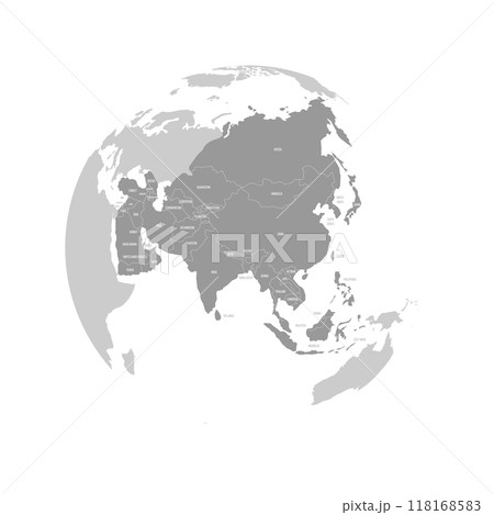 Asia continent dark blue highlighted silhouette on Earth globe. Country name labels visible. Vector illustration 118168583