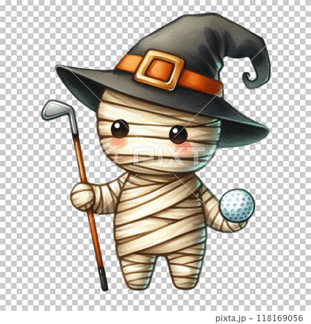 Cute mummy holding a golf club clipart watercolor 118169056