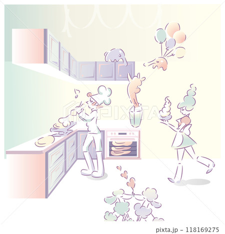 パイをつくるパティシエ　パーティでドリンクを運ぶウエイトレス　ベクターイラスト。コミック風 118169275