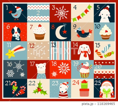 Christmas advent calendar with cute animals and birds. Cozy cartoon Christmas advent calendar in retro style. Set of winter holiday xmas tags with numbers. Vector illustration EPS8 Christmas advent calendar with cute animals and birds. Cozy cartoon Christmas advent calendar in retro style. Set of winter holiday xmas tags with numbers. Vector illustration EPS8 118169465