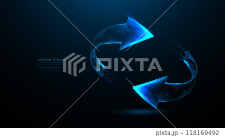 3d blue arrow sign. Double arrow symbol. Glowing low poly, wireframe, linear, line, and mesh. illustration vector 118169492