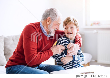 Grandfather spending time with grandson, taking care of him while parents are at work. Having fun. Grandfather spending time with grandson, taking care of him while parents are at work. Having fun. 118169555