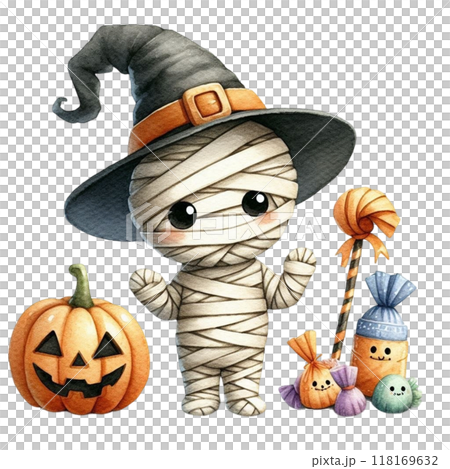 Cute mummy with Halloween clipart watercolor Cute mummy with Halloween clipart watercolor 118169632
