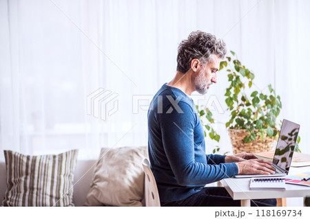Side view of man working on computer from home. Telecommuting, homeoffice for handsome man. with copy space. Side view of man working on computer from home. Telecommuting, homeoffice for handsome man. with copy space. 118169734
