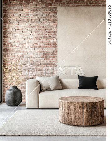 Modern loft apartment interiors with chic industrial design, artistic accents and cozy ambiance 118169895