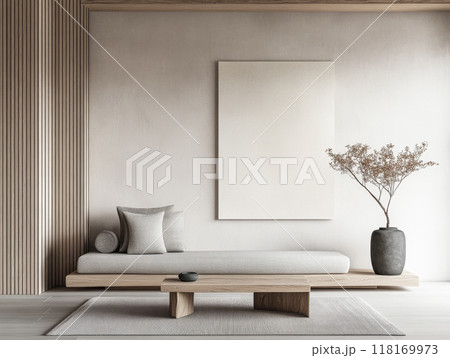 Minimalist living room interiors in neutral tones with natural lighting and elegant decor. Luxury interior design composition 118169973