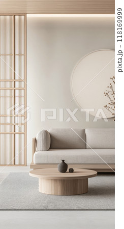 Minimalist living room interiors in neutral tones with natural lighting and elegant decor. Luxury interior design composition 118169999