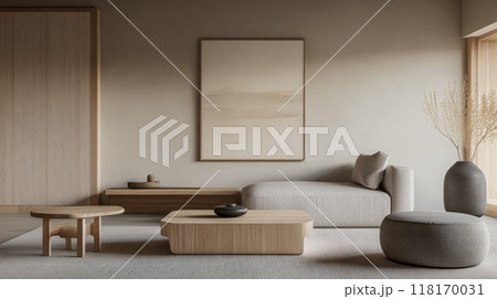 Minimalist living room interiors in neutral tones with natural lighting and elegant decor. Luxury interior design composition 118170031