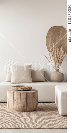 Scandinavian room interior design composition with a sofa, rug and a couch in soft tones 118170080