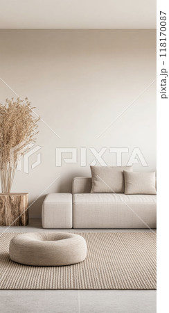 Scandinavian room interior design composition with a sofa, rug and a couch in soft tones Scandinavian room interior design composition with a sofa, rug and a couch in soft tones 118170087