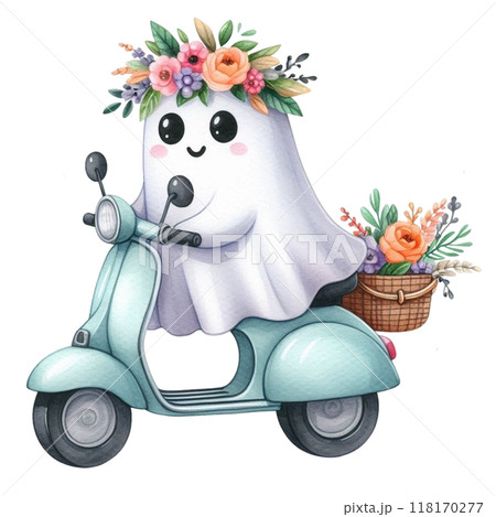 Cute ghost driving a delivery truck clipart watercolor Cute ghost driving a delivery truck clipart watercolor 118170277