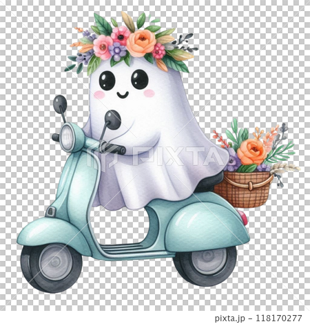 Cute ghost driving a delivery truck clipart watercolor Cute ghost driving a delivery truck clipart watercolor 118170277