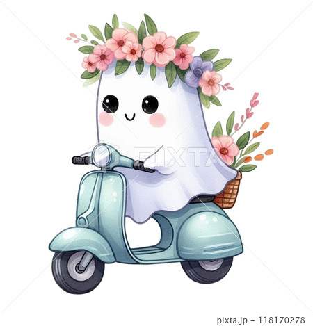 Cute ghost driving a delivery truck clipart watercolor Cute ghost driving a delivery truck clipart watercolor 118170278