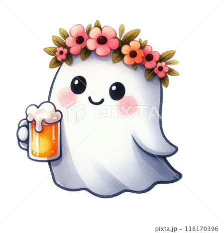 Cute ghost holding a beer glass clipart watercolor 118170396