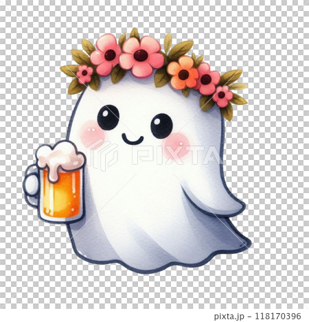 Cute ghost holding a beer glass clipart watercolor 118170396