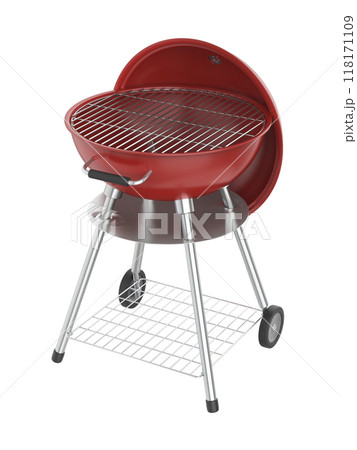 Red kettle barbecue with attached lid 118171109