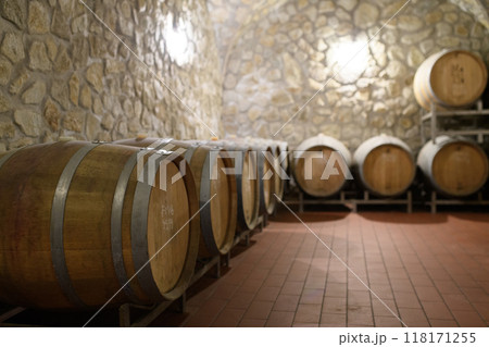 Wine cellar with oak barrels for aging wine. Traditional wine storage. 118171255