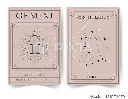 Gemini. Witchcraft cards with astrology zodiac sign and constellation. Modern boho astrology posters. Perfect for tarot readers and astrologers. Vector illustration Gemini. Witchcraft cards with astrology zodiac sign and constellation. Modern boho astrology posters. Perfect for tarot readers and astrologers. Vector illustration 118172070