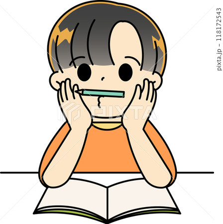 頬杖をつきながら勉強をしている男の子 118172543