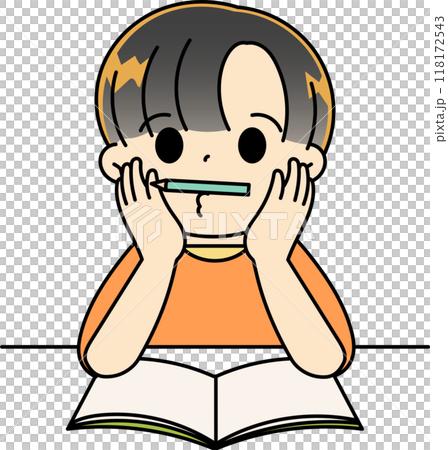 一個男孩靠著下巴學習 一個男孩靠著下巴學習 118172543