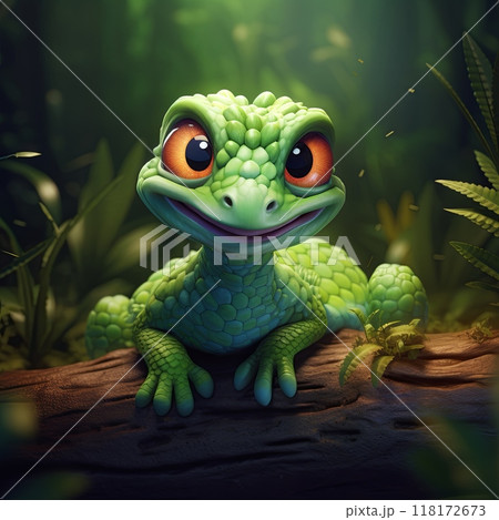 Vibrant green lizard with orange eyes perched on a lush jungle tree branch 118172673