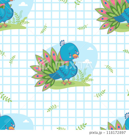 Seamless pattern with cute peacock on checkered white background. Funny cartoon kawaii bird. Vector illustration. Kids collection. 118172897
