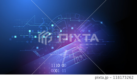 Abstract technological illustration with neon lights on a dark blue gradient background. This vector was hand drawn. Abstract technological illustration with neon lights on a dark blue gradient background. This vector was hand drawn. 118173262