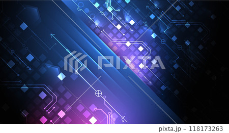 Abstract technological illustration with neon lights on a dark blue gradient background. This vector was hand drawn. Abstract technological illustration with neon lights on a dark blue gradient background. This vector was hand drawn. 118173263
