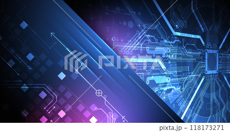 Abstract technological illustration with neon lights on a dark blue gradient background. This vector was hand drawn. 118173271