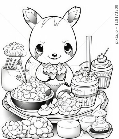 Black and White Cartoon Illustration of Cute Baby Bunny Eating Chinese Food for Coloring Book 118173509