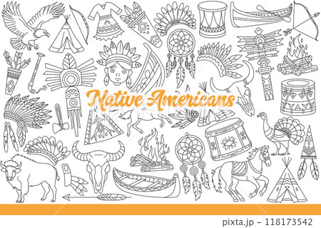 Culture of native american people and indians living in united states in bigwamas. Hand drawn. 118173542