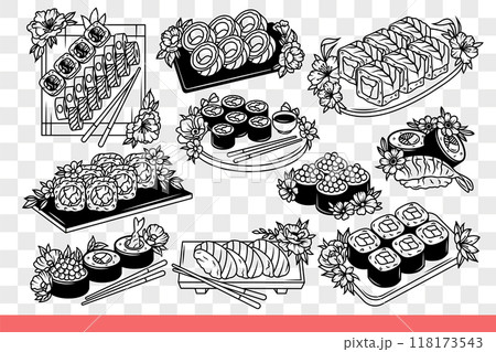 Maki rolls and sushi from japanese restaurant for dinner and opportunity to enjoy fresh. Hand drawn. Maki rolls and sushi from japanese restaurant for dinner and opportunity to enjoy fresh. Hand drawn. 118173543