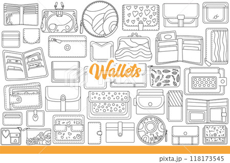 Women wallets made of genuine leather and dermantine, for storing cash bills. Hand drawn. 118173545