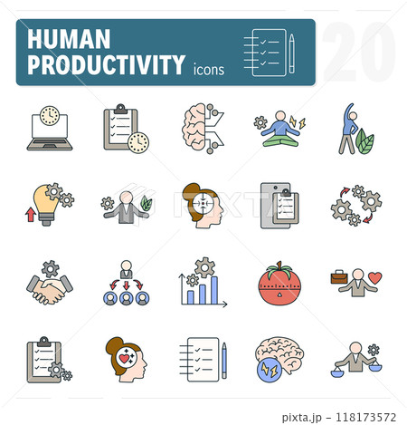 Businesspeople working on human productivity using laptops and checklists icons Businesspeople working on human productivity using laptops and checklists icons 118173572