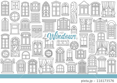 Window and stained glass, decorated with curtains for different architectural styles. Hand drawn 118173576