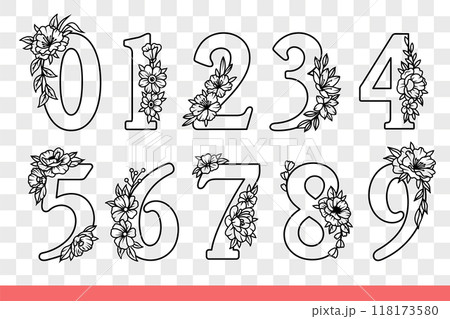 Prime numbers from zero to one are decorated with flowers to teach children how to count. Hand drawn 118173580