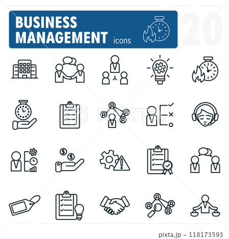 Business management line icons showing businessmen and businesswomen managing time, money, and employees 118173593