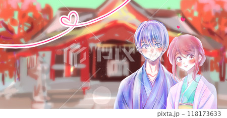 寄り添う和装の男女　秋の神社 118173633