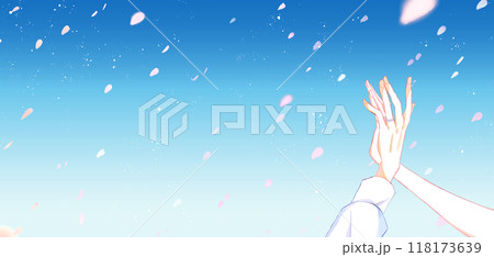 指輪をした重なり合う男女の手　桜吹雪 118173639
