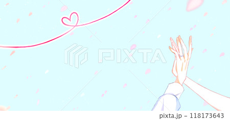 指輪をした重なり合う男女の手　桜吹雪　赤い糸 118173643
