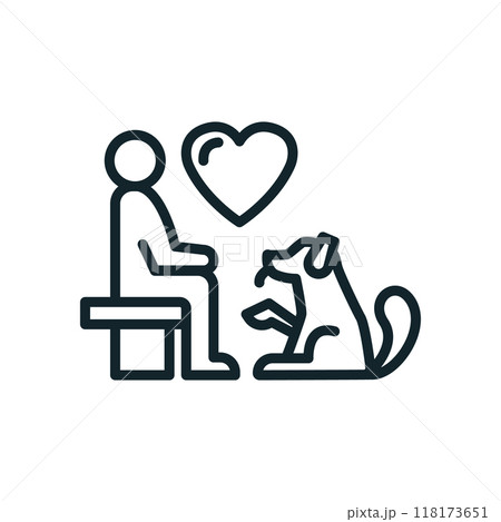 Man sitting on bench petting dog with love heart symbol minimal line art icon 118173651