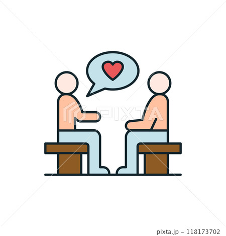 Two people talking about love feeling on bench psychology icon 118173702