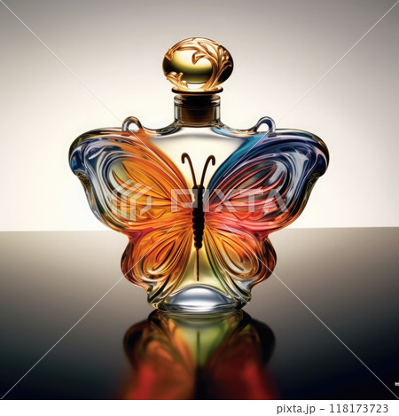 bottle of perfume with a butterfly on a white background. 118173723