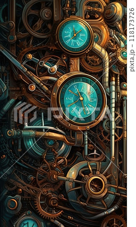 Mechanical background with gears and watches. 3d illustration. Vintage style. 118173726