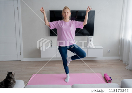 Woman at home with her cat, practicing yoga together, bonding in a cozy and comfortable environment Woman at home with her cat, practicing yoga together, bonding in a cozy and comfortable environment 118173845