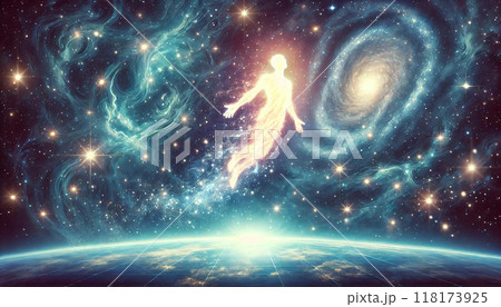 身体から離れて浮遊する魂や意識のイメージを描いたイラスト 118173925