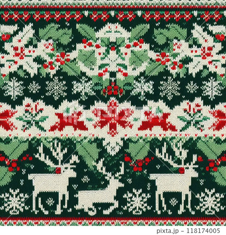 Christmas knitted seamless pattern with reindeer and snowflakes 118174005