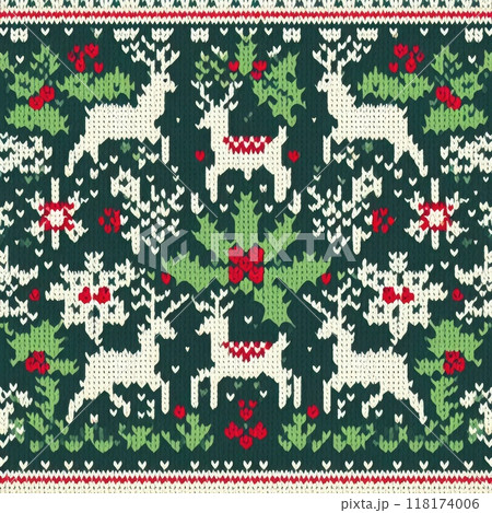 Knitted Christmas pattern with reindeer. Seamless background. 118174006