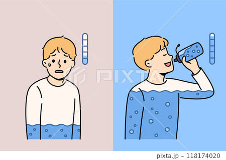 Exhausted boy drinks water from bottle, gaining energy and quenching thirst with mineral drink 118174020